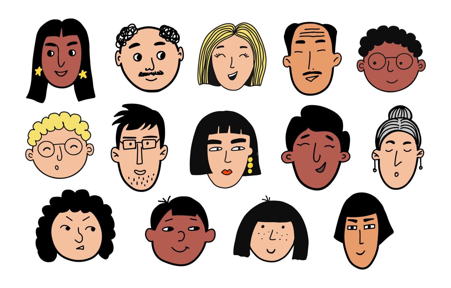 Menschen stehen Doodle-Set gegenüber. handgezeichnete avatarskizze. verschiedene Rassen, Emotionen, Alter, männliche und weibliche Porträts. Zeichentrickfiguren. isolierte Vektorillustration vektor