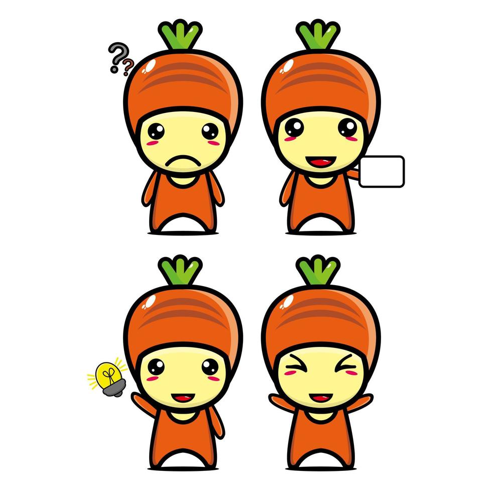 Set-Sammlung von niedlichen Karotten-Maskottchen-Design-Charakter. isoliert auf weißem Hintergrund. niedliches charakter-maskottchen-logo-ideenbündelkonzept vektor