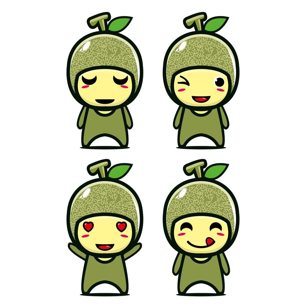 set samling av söt melon maskot design karaktär. isolerad på en vit bakgrund. söt karaktär maskot logotyp idé bunt koncept vektor