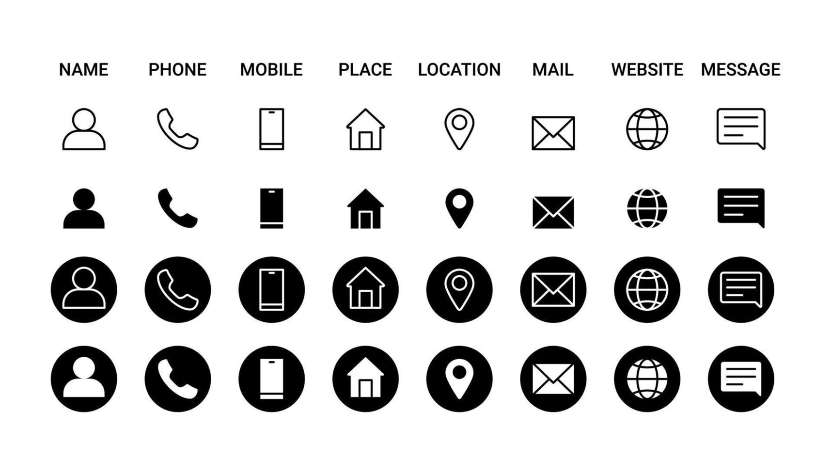 Business-Symbol für Firmenverbindung in verschiedenen Stilen. name, telefon, handy, ort, standort, mail, website und nachrichtenkartenschild. Designvorlage für Kontaktsymbole. Vektor-Illustration vektor