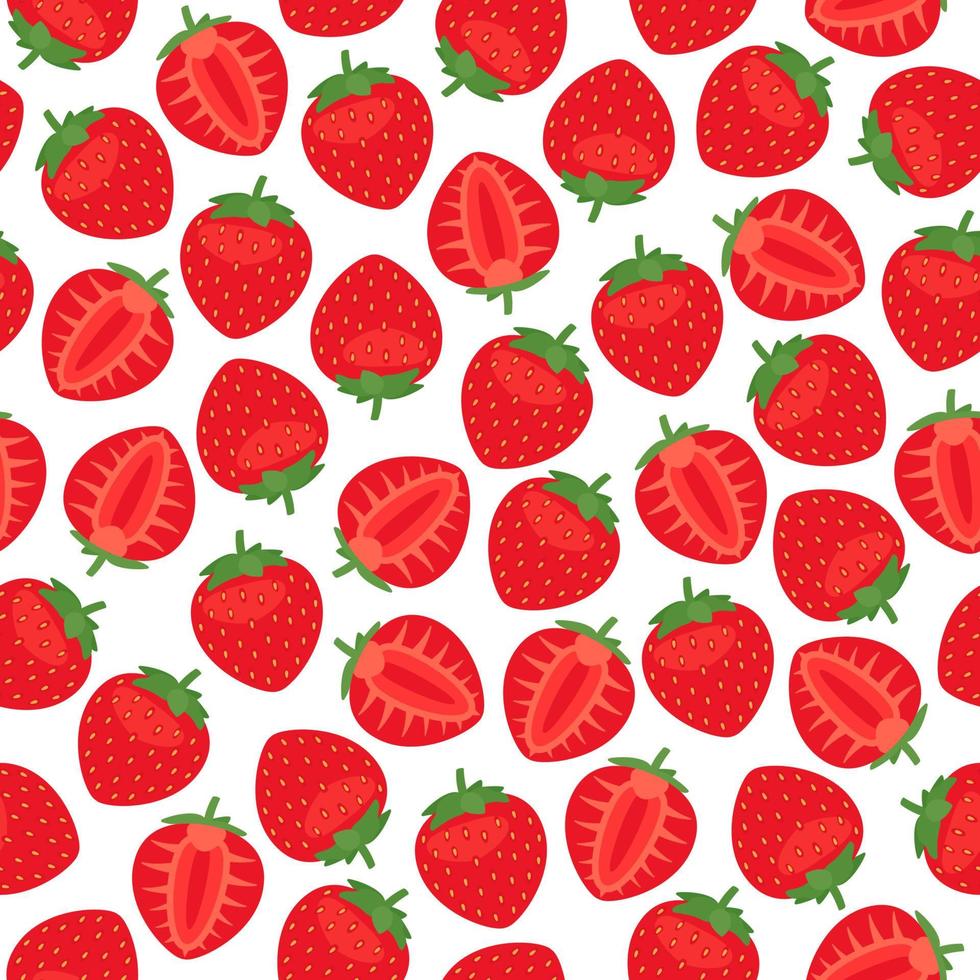 jordgubbar sömlösa mönster, röda bär bakgrund. upprepa frukttryckdesign. hela och skära jordgubbsvektorbakgrund vektor