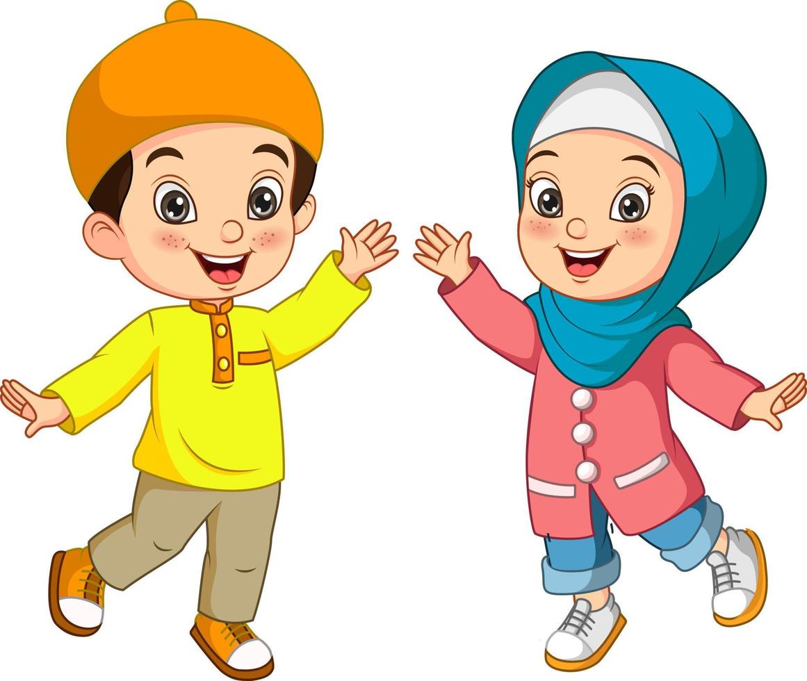 glücklicher muslimischer Junge und Mädchen Cartoon vektor