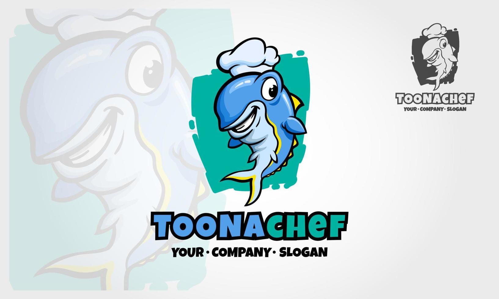 toonachef vektor logotyp illustration. illustration av en fisk kock i tecknad stil. tecknade glada fiskfigurer.