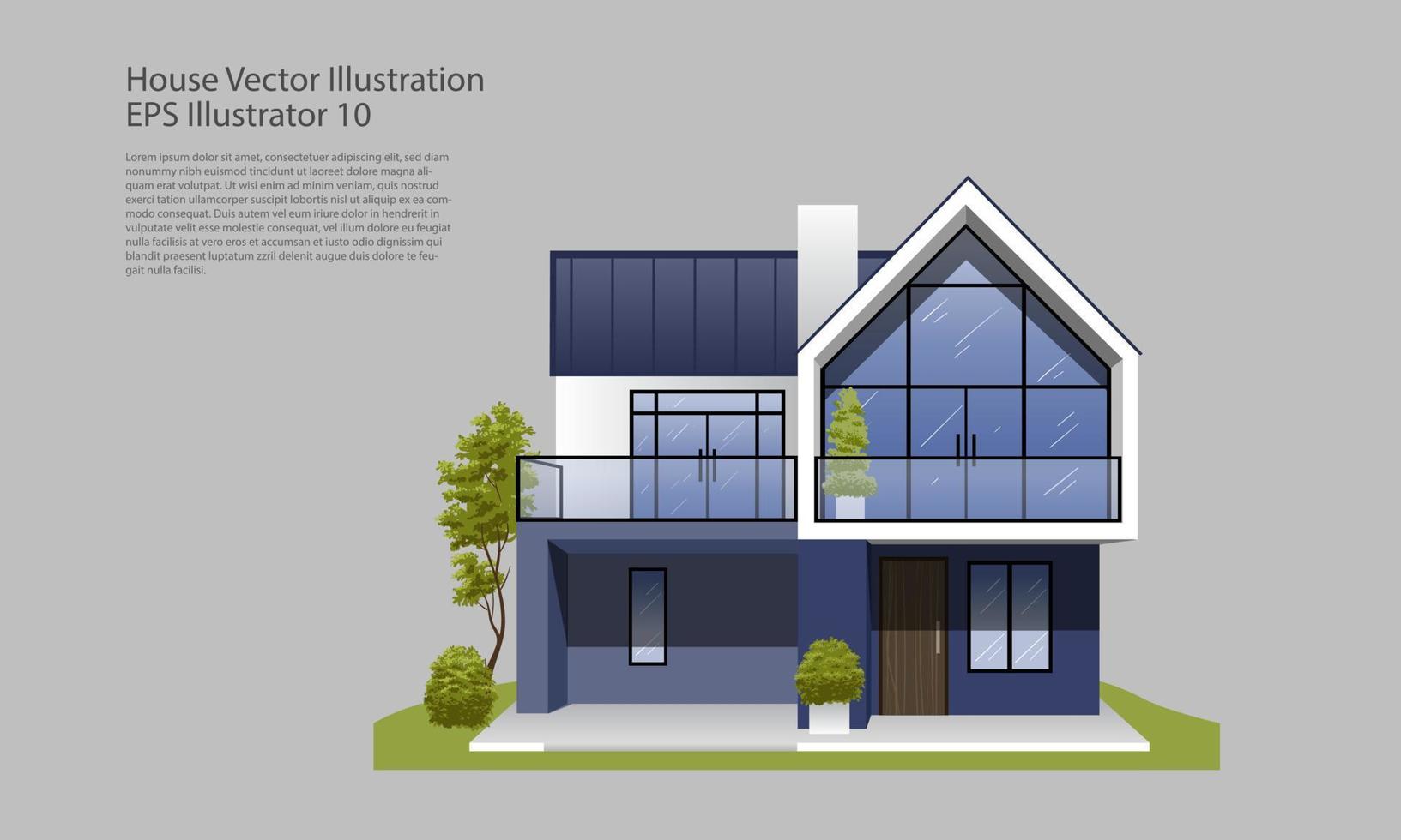 vektorillustration des modernen hauses. gemütliche Familienresidenz, Haus mit Garage, Balkon und Bäumen. vektor