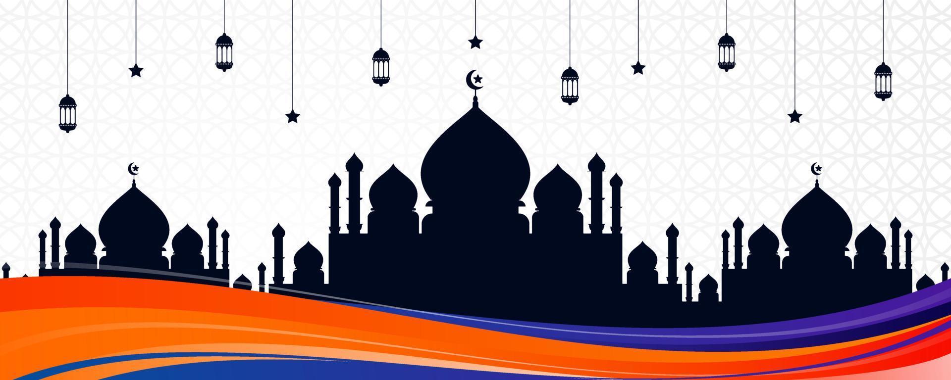 islamisches grußkartenbanner mit buntem wellendesign, moscheensilhouette und arabischen ornamenten. schöner eid al fitr hintergrund mit hängenden laternen, sternen und bunter abstrakter welle vektor