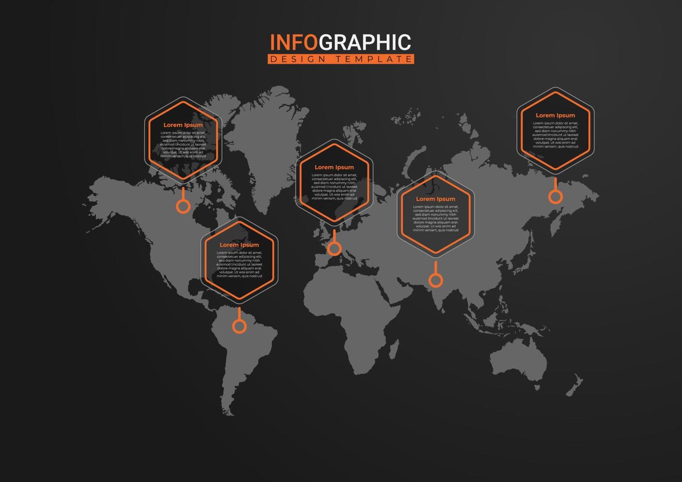 Weltkarte Infografik. kreatives Business-Präsentationsdesign für Infografiken mit Weltkartenhintergrund. elegantes präsentationsdesign in schwarz und orange. coole grafische Ressourcenelemente vektor