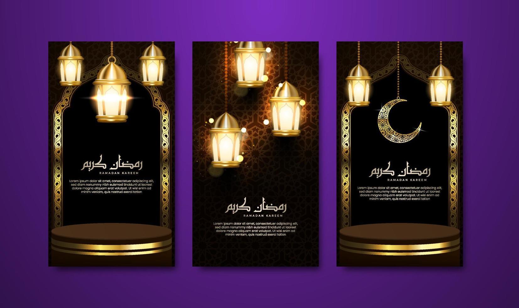 realistisk ramadansamling av berättelser i sociala medier med arabisk kalligrafi, lyktor och halvmåne. tredimensionellt islamiskt gratulationskort för reklam, försäljning, marknadsföring och sociala medier banner vektor