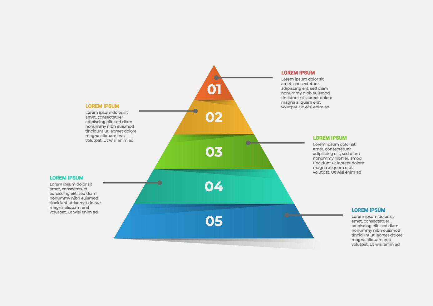 eine pyramidenförmige, moderne Zeitleisten-Infografik-Vorlage, die in fünf Teile unterteilt ist. Vektorgeschäftsvorlage für Präsentationen. geeignet für Broschüren, Workflows, Geschäftsberichte, Charts, Layouts vektor