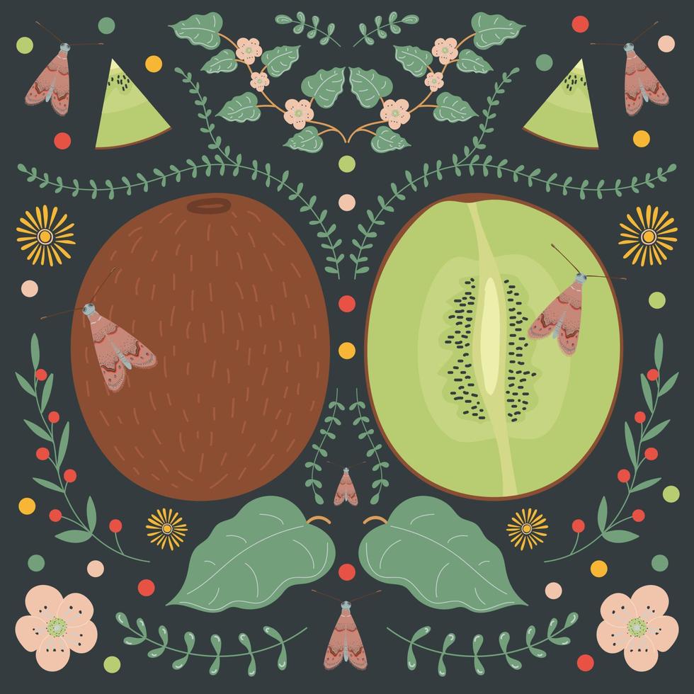 kiwi på en mörk bakgrund med blommiga inslag, blommor, löv och nattfjärilar. vektor