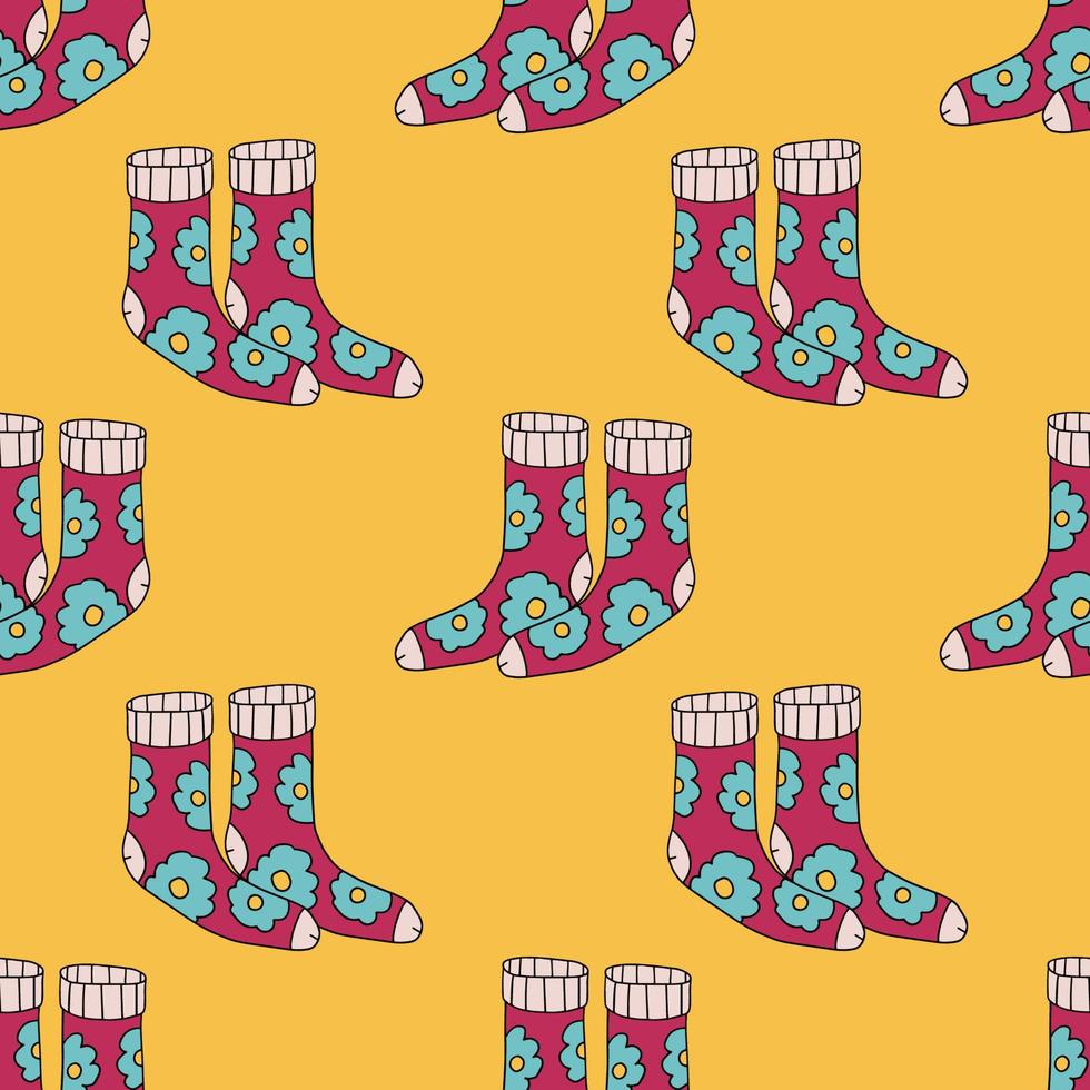 süße doodle socke mit floraler textur, nahtloses muster der verzierung. kindlicher Stil. moderner karikaturstoffhintergrund. vektor