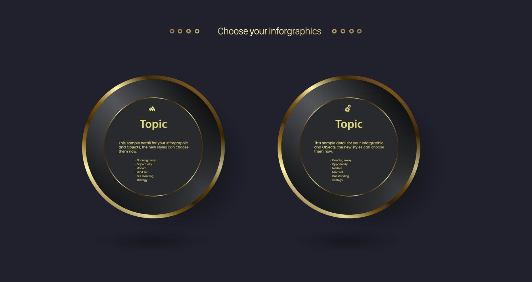 tre gyllene multifunktionell infografisk vektormall med tre elementalternativ och premium gyllene version på en mörk bakgrund med 3 gyllene infodiagrammalldesign vektor