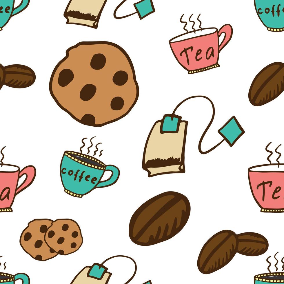 farbiger Vektor endloses Doodle-Muster aus Kaffee, Tee und Keksen isoliert auf weißem Hintergrund.