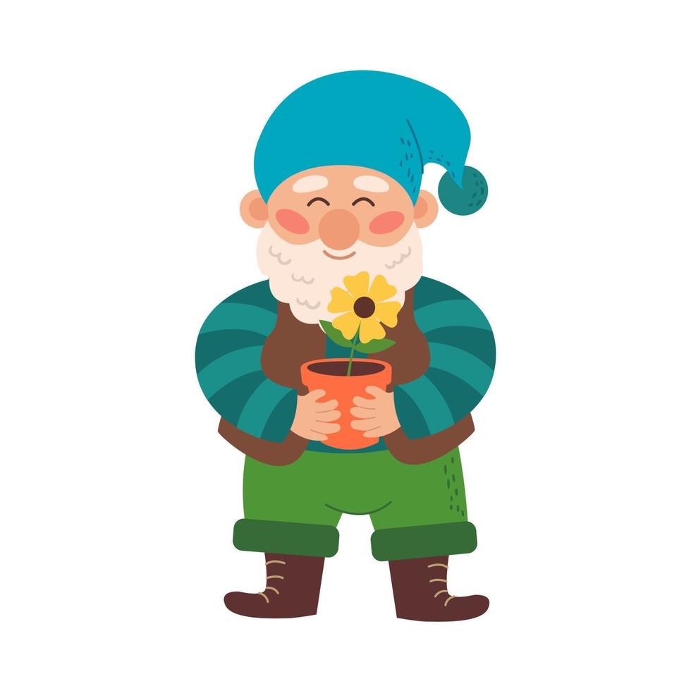 fröhlicher süßer kleiner Gartenzwerg mit Bart. elf, der eine blume hält. Vektorillustration einer Märchenfigur, die auf einem weißen Hintergrund isoliert ist. vektor