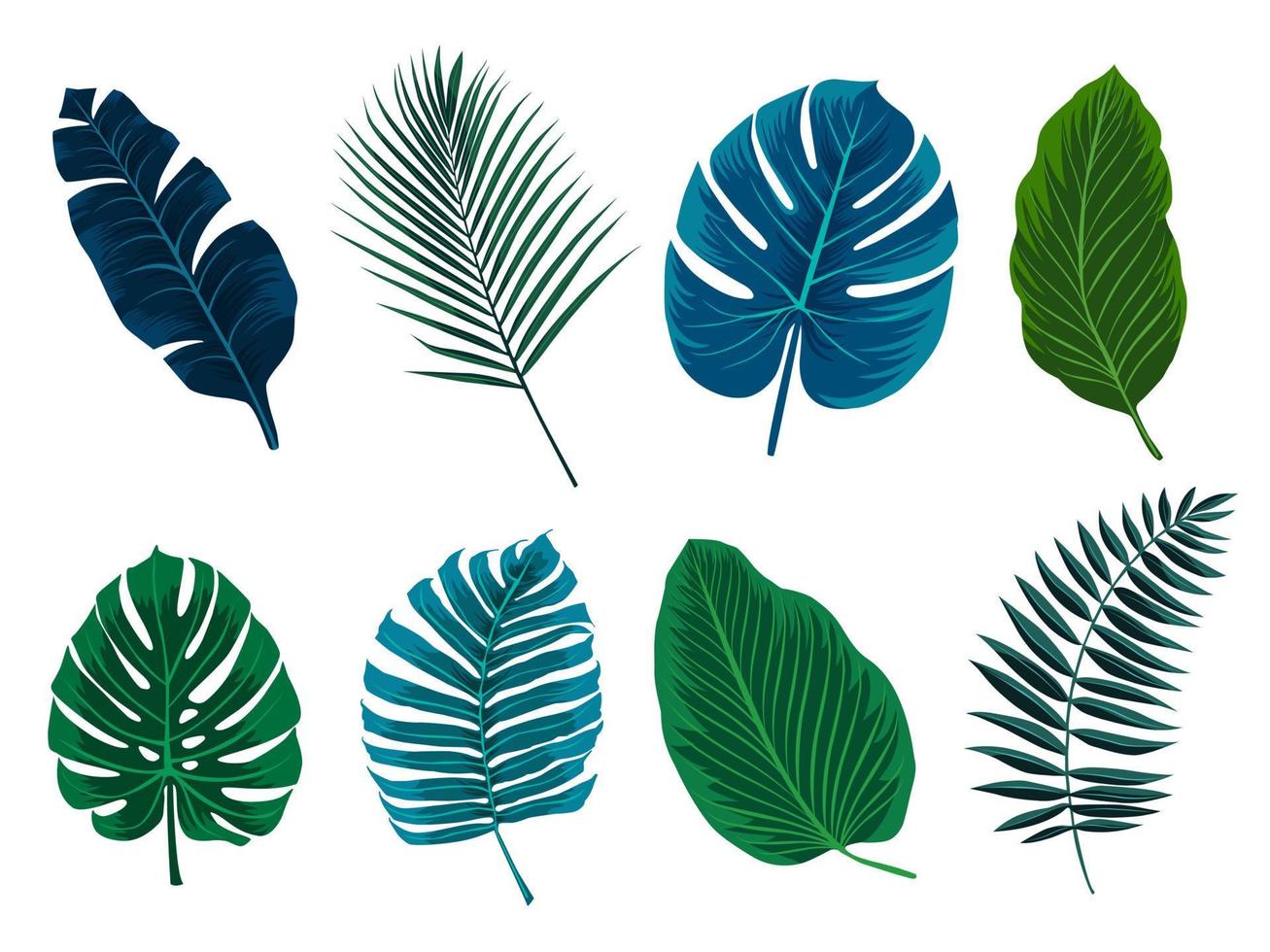 samling av exotiska tropiska löv. hawaiiska växter i blå och gröna färger. vektorelement isolerade på en vit bakgrund. vektor