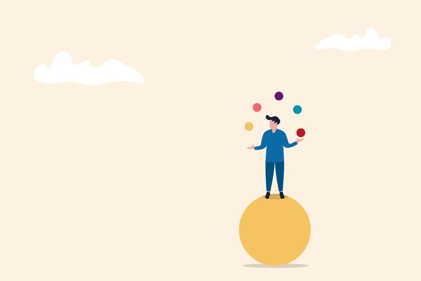 man jonglerar med bollarna medan han balanserar på en stor boll. multitasking koncept, upptagen med affärer, träning jonglering, rolig fritid. vektor
