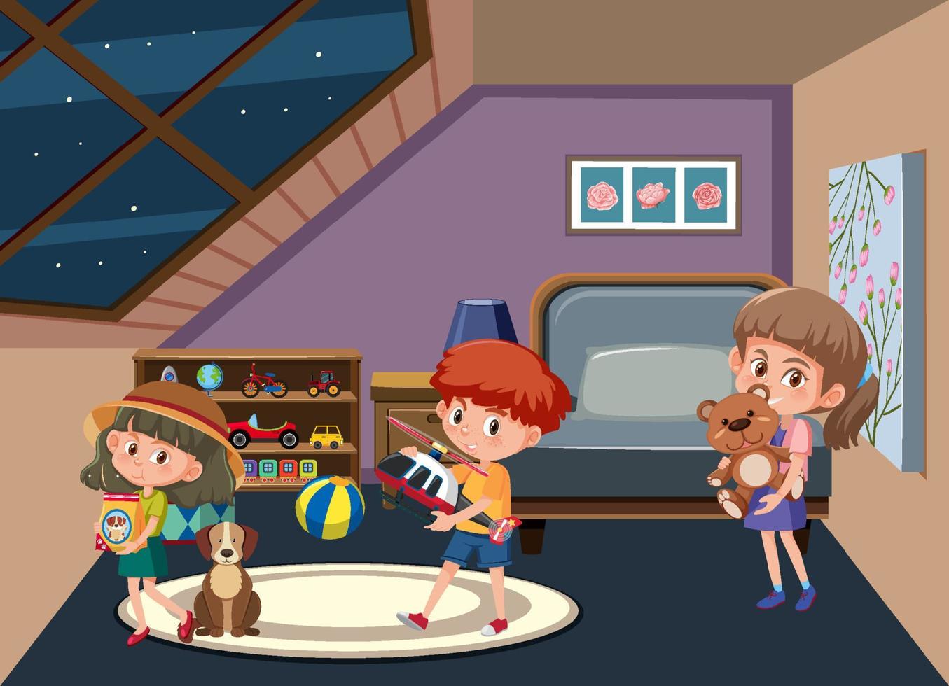 vardagsrum scen med barn seriefigur vektor
