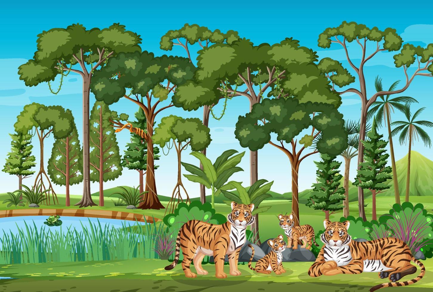grupp tigrar som lever i skogen vektor