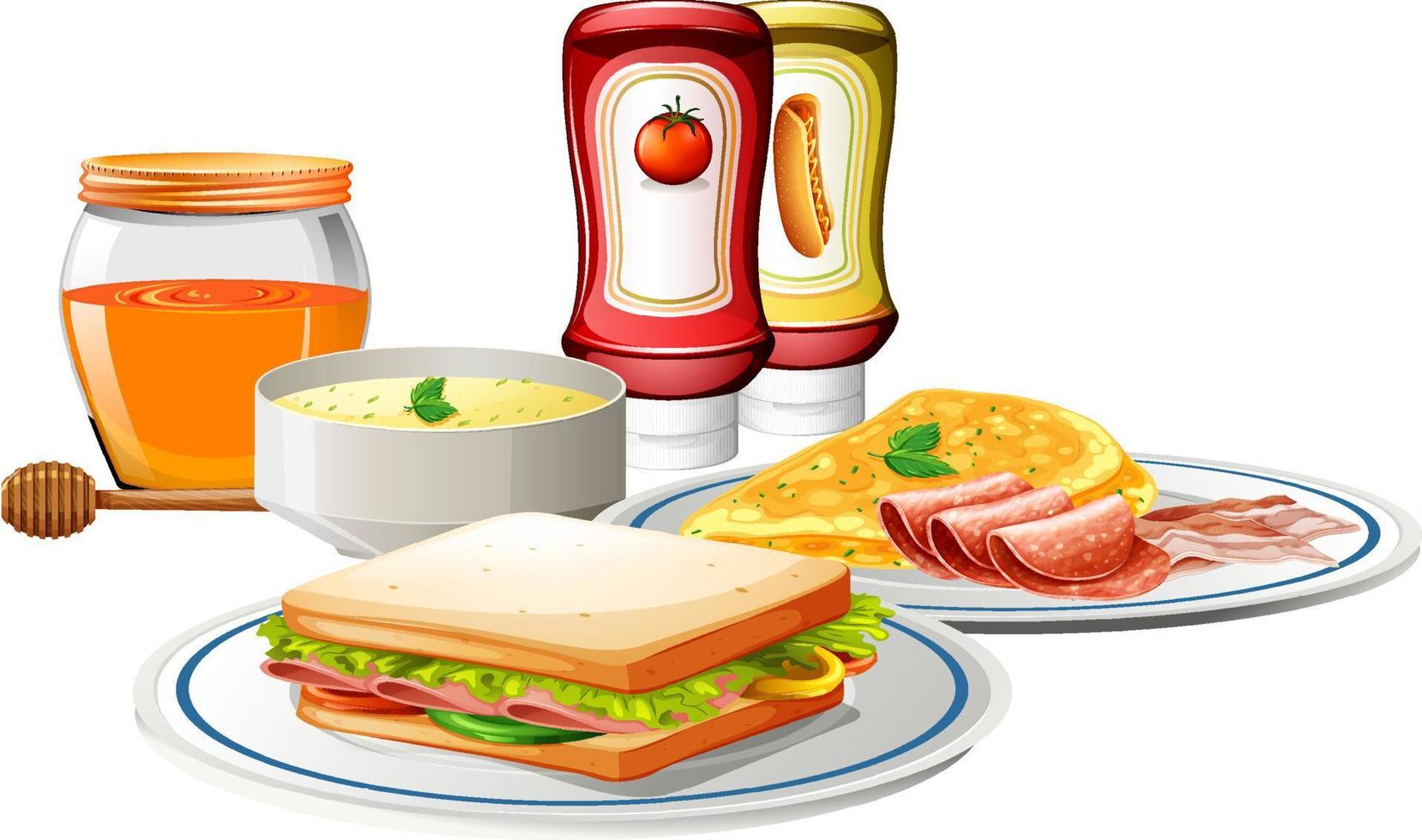 Frühstücksset mit Sandwich und Suppe vektor