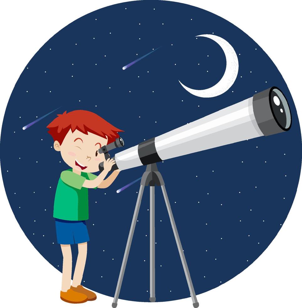 Ein Junge, der nachts durch das Teleskop schaut vektor