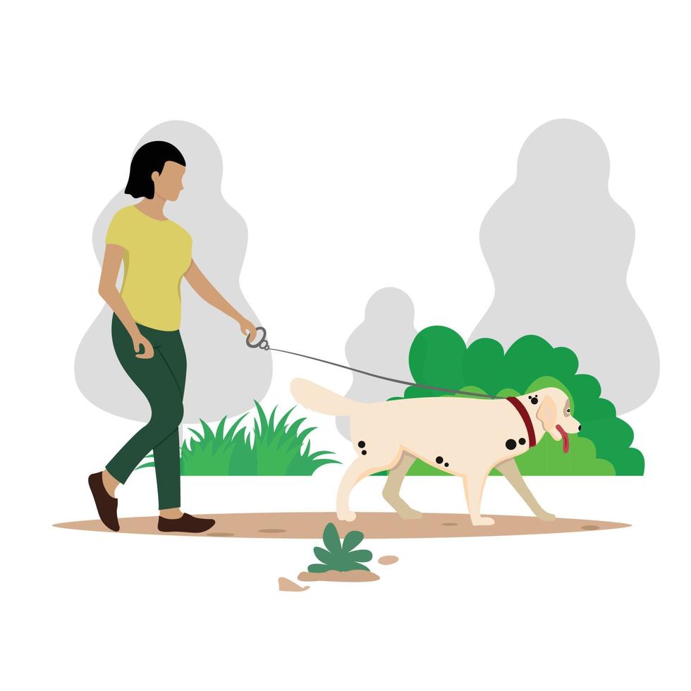 Frau geht mit einem Hund spazieren. Vektor-Illustration im flachen Stil Hundespaziergang Mädchen im Frühlingspark. vektor