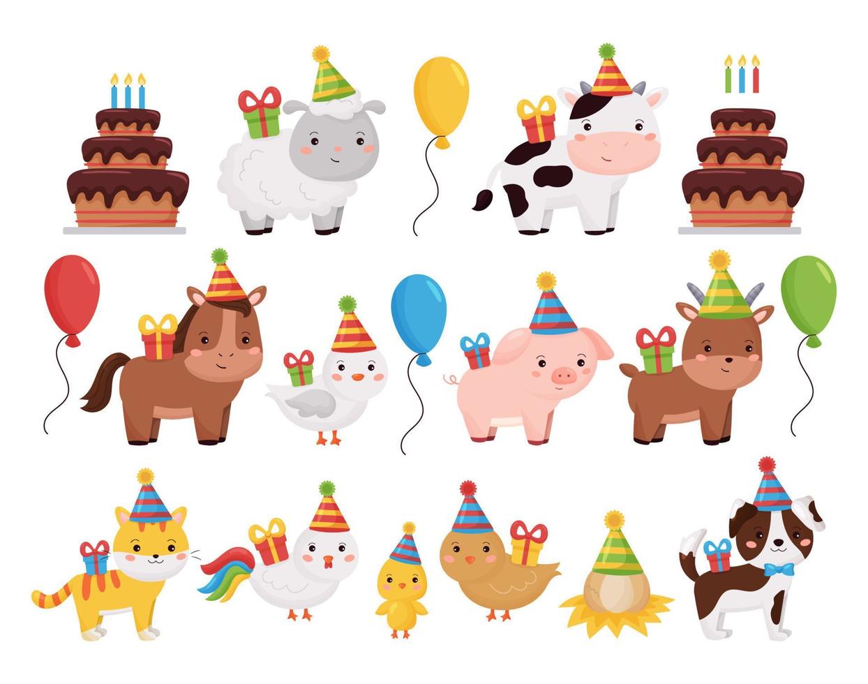 söt tecknad husdjur samling med födelsedagstårta, presenter, ballonger och tårta. vektor illustration för inbjudan och gratulationskort design.