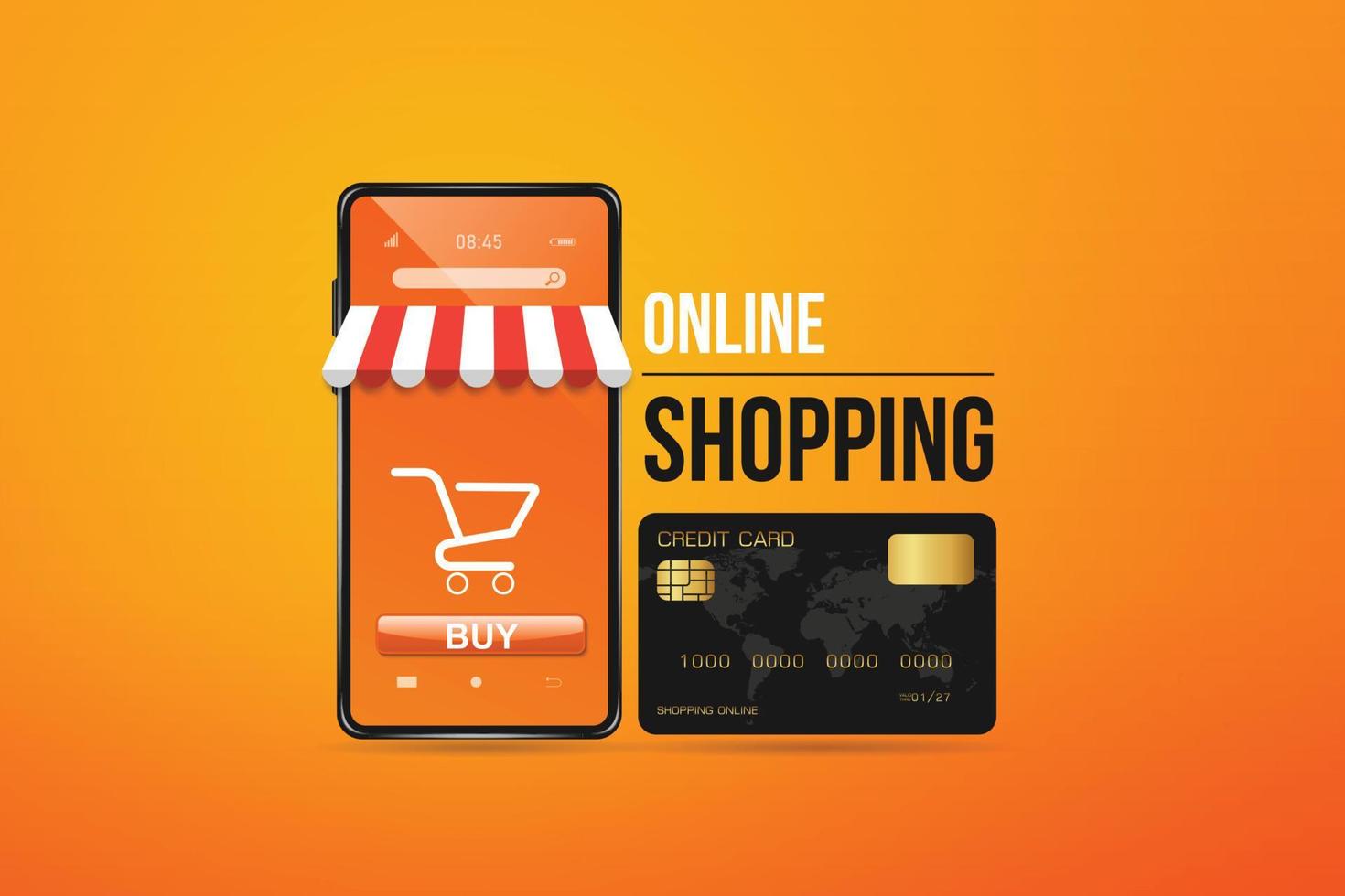 schwarze Kreditkarte und ein Smartphone, das wie ein Online-Shop aussieht. mit Einkaufswagensymbol für Online-Shopping und Online-Shopping-Konzeptdesign, Vektor auf orangefarbenem Hintergrund.