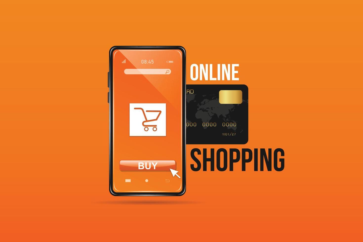 Schwarze Kreditkarte, die in ein Smartphone eingeführt wird, das wie ein Online-Shop aussieht. mit Einkaufswagensymbol für Online-Shopping zum Online-Shopping-Konzeptdesign. auf orangefarbenem Hintergrund. vektor