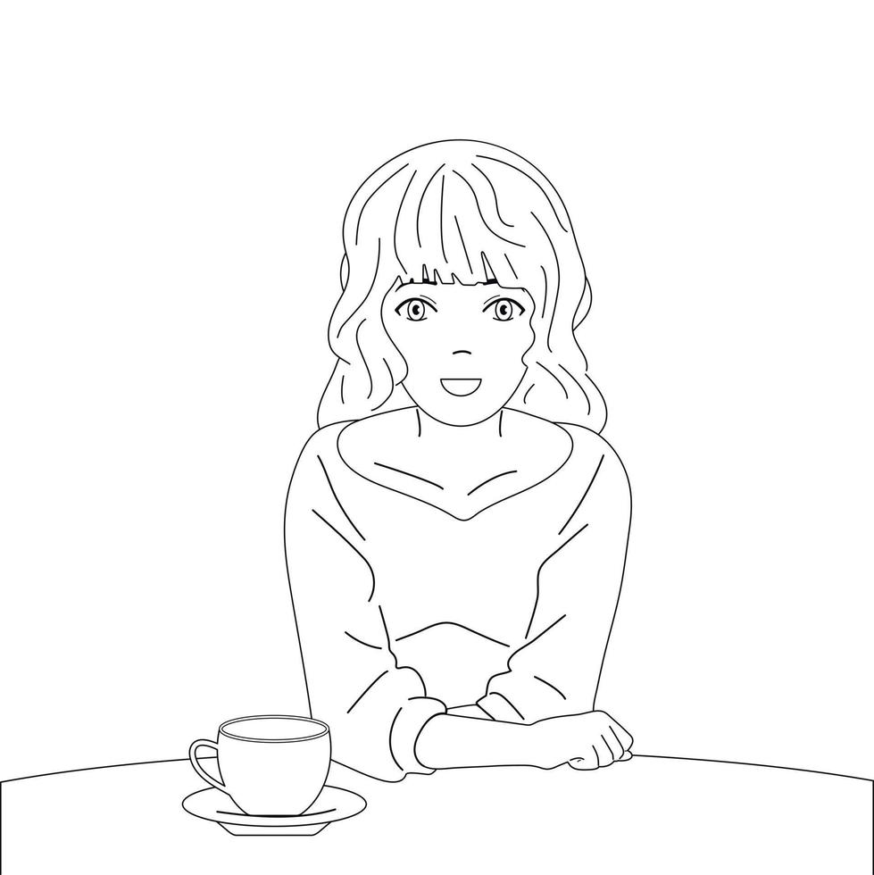 flicka med en kopp kaffe eller te. leende och gott humör. vektor illustration, isolerade bakgrund