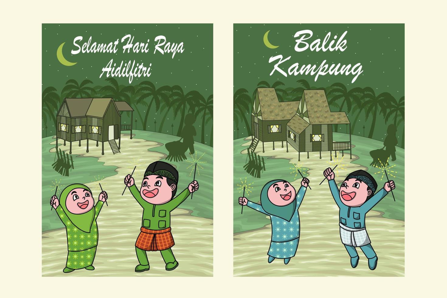 selamat hari raya und balik kampung bedeutet eid mubarak malaysia feiertagsfeier. Cartoon, süß, Karte, süß, Druck, Kunst vektor