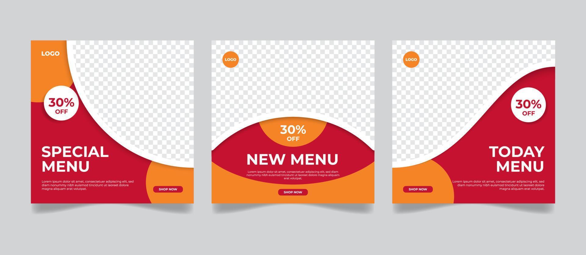 uppsättning redigerbara fyrkantiga affischmalldesigner för matinlägg på sociala medier. lämplig för postrestaurangannonser och digitala kulinariska kampanjer. vektor