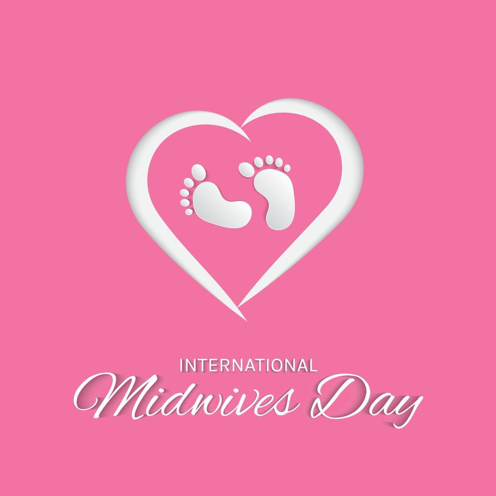 internationella barnmorskedagen gratulationskort, rosa och vitt med symboler för kärlek och babyfötter, för banderoller, affischer och sociala medier templates.vektorillustration. vektor