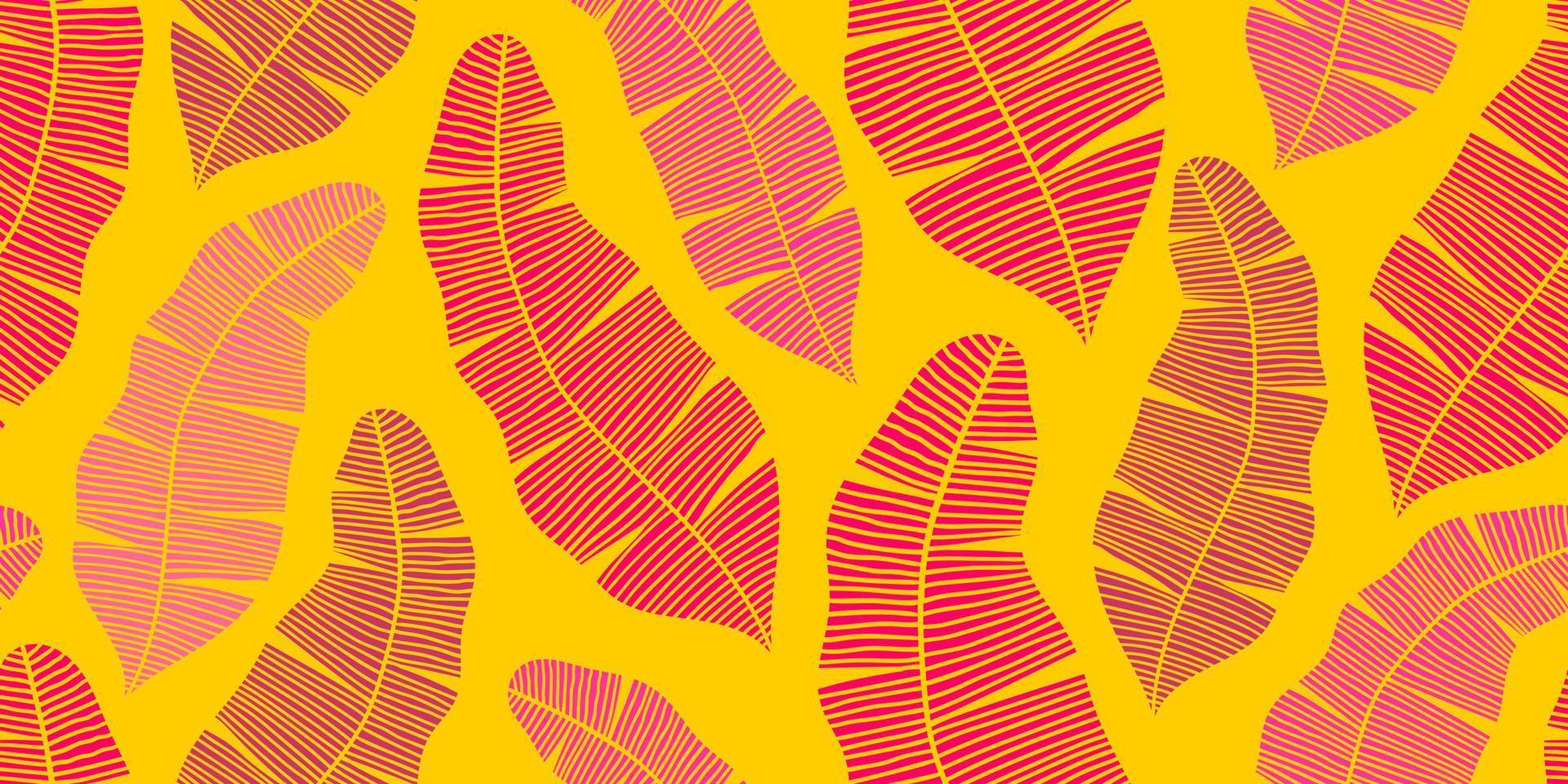 abstrakter Vektor nahtloses gelbes Banner mit rosa Bananenblättern