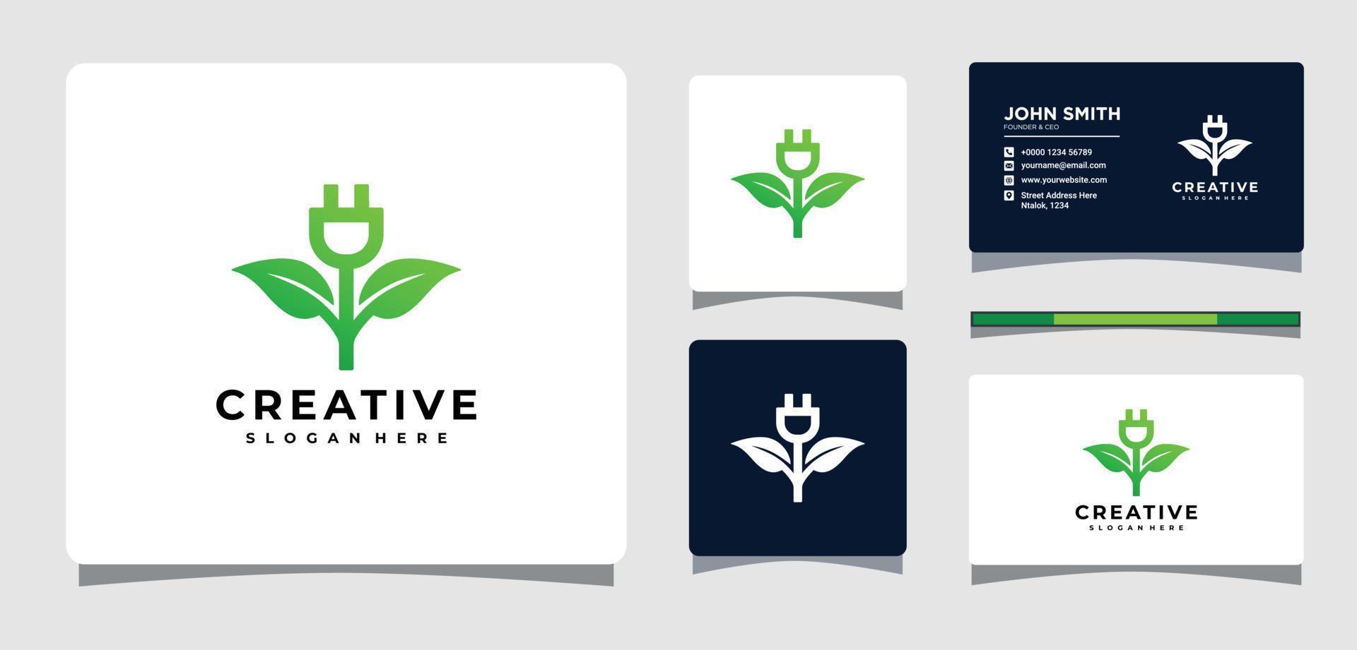 Logo-Vorlage für grünes Blatt mit elektrischem Stecker und Visitenkarten-Design-Inspiration vektor