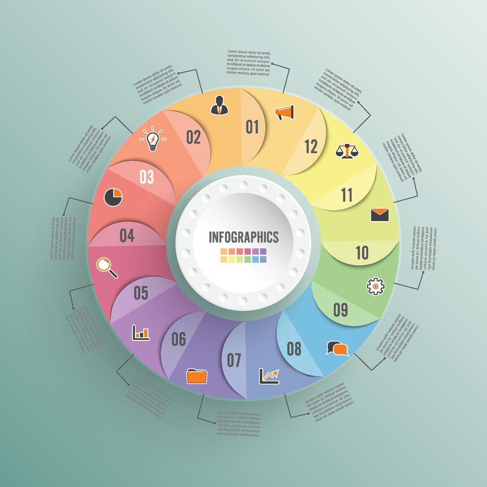 Kreisdiagramm-Infografik-Vorlage mit 12 Optionen für Präsentationen, Werbung, Layouts, Jahresberichte vektor