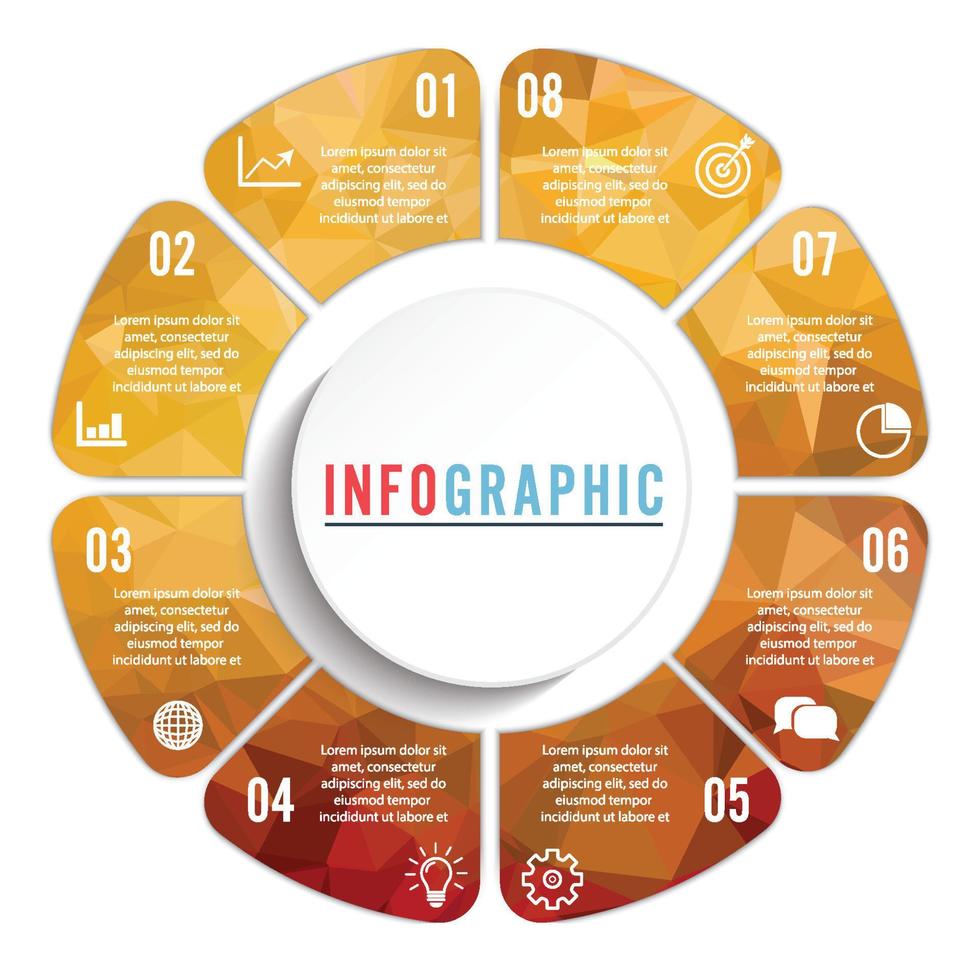 Vektorverbundenes Polygon-Infografik-Diagramm. Kreisdiagramm mit 8 Optionen. Papierfortschrittsschritte für das Tutorial. geschäftskonzept-sequenzbanner. eps10 achtteiliges Puzzle-Workflow-Layout. vektor