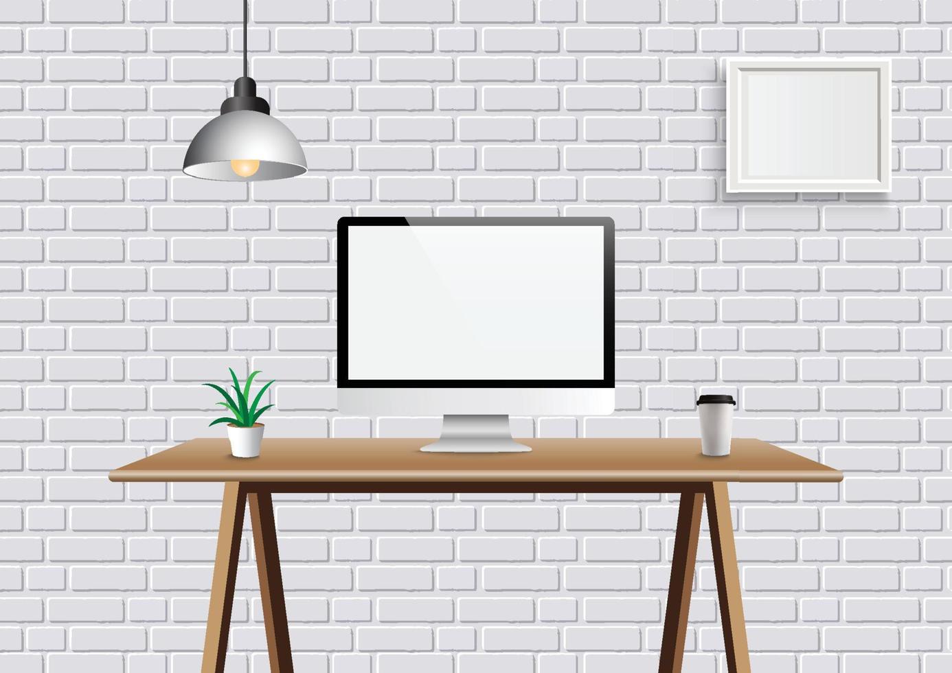 realistisk vektor kontor kreativt utrymme med display på skrivbordet bord. mockup arbetsyta bakgrund med frontvy dator skrivbord och ram på väggen.