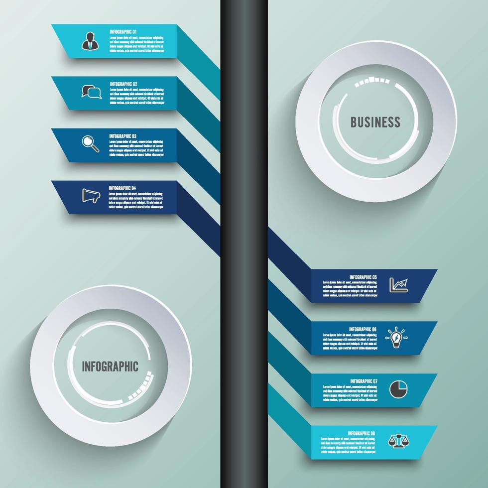 Vektor-Infografik-Vorlage mit 3D-Papieretikett, integrierte Kreise. Geschäftskonzept mit 8 Optionen. für Inhalt, Diagramm, Flussdiagramm, Schritte, Teile, Zeitleisten-Infografiken, Workflow, Diagramm. vektor