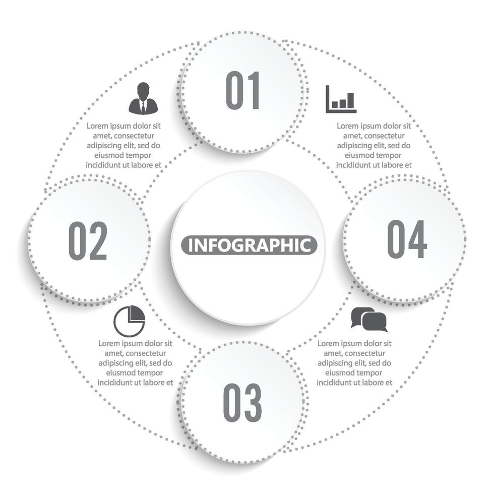 Vektor-Infografik-Kreisvorlage mit 4 Schritten, Teilen, Optionen, Sektoren, Stufen. kann für Diagramme, Tortendiagramme, Workflow-Layouts, Fahrraddiagramme, Broschüren, Berichte und Präsentationen verwendet werden. vektor