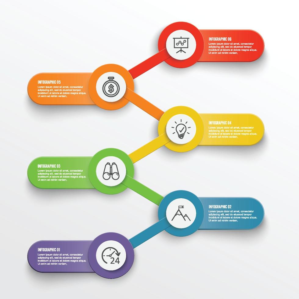 Vektor-Infografik-Vorlage mit 3D-Papieretikett, integrierte Kreise. Geschäftskonzept mit 6 Optionen. für Inhalt, Diagramm, Flussdiagramm, Schritte, Teile, Zeitleisten-Infografiken, Workflow, Diagramm. vektor