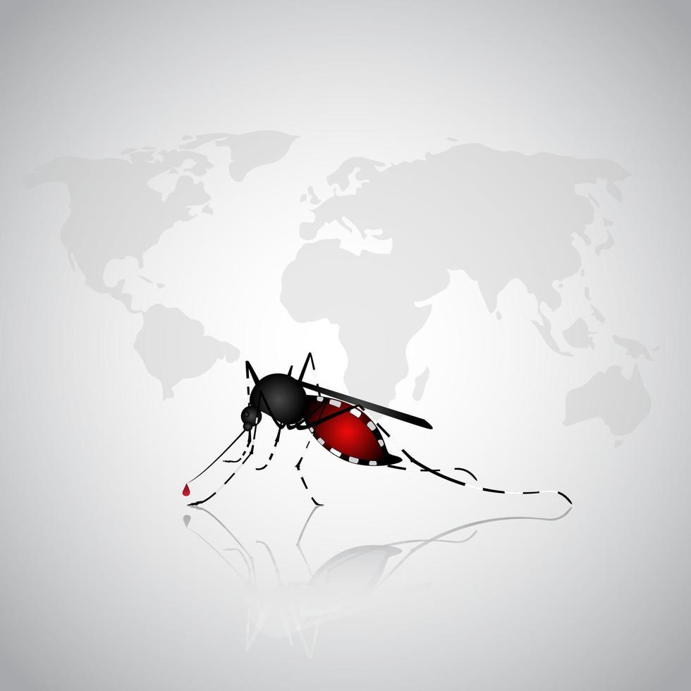 Mückenvektor mit Weltkartenhintergrund, Weltmückentag, Malariatag, Dengue-Fieber. vektor