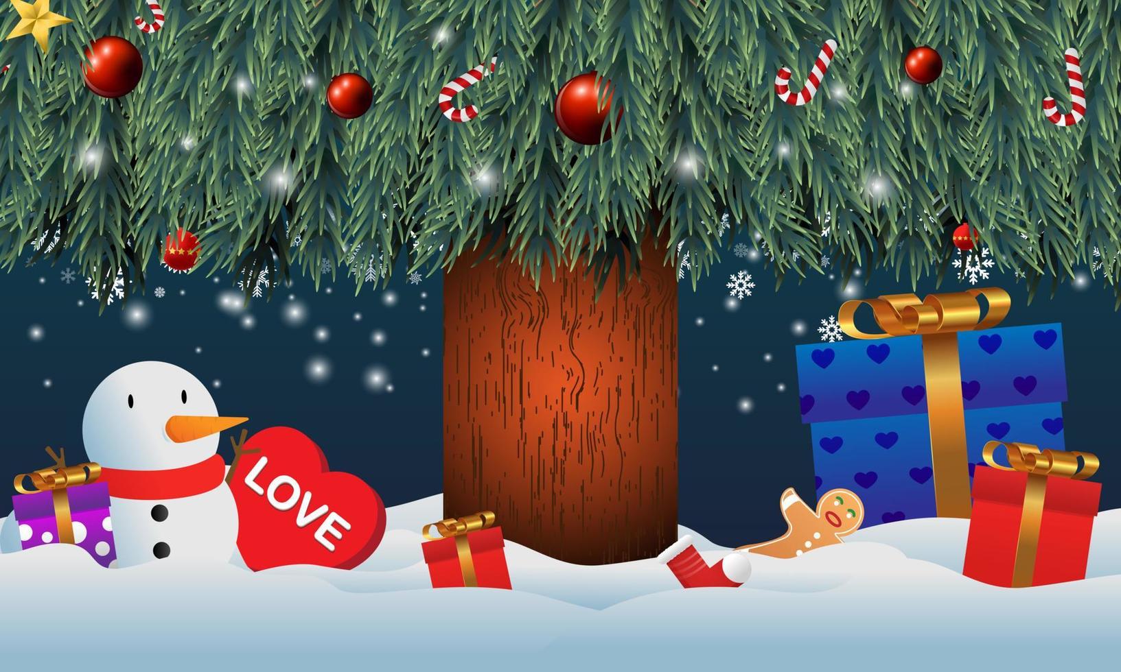 gåvor placerade under granen. jultomtens present i snön. olika presenter som teddybjörnar, presentförpackningar och godis. vektor