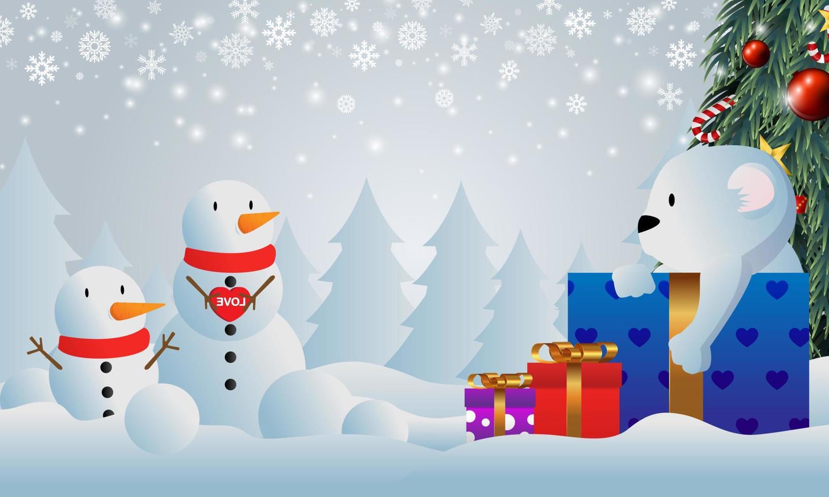 Geschenke unter dem Weihnachtsbaum. Weihnachtsgeschenk im Schnee. verschiedene Geschenke wie Teddybären, Geschenkboxen und Bonbons. vektor