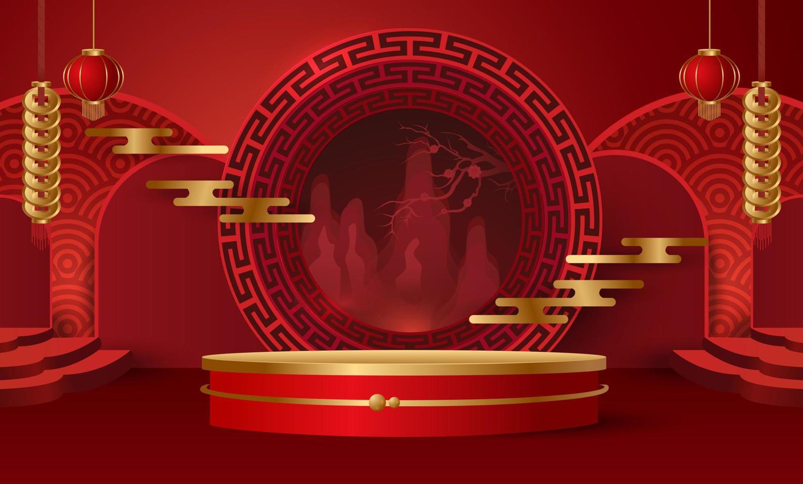 podium och bakgrund för kinesiskt nyår, kinesiska festivaler, midhöstfestivalen, blomma och asiatiska element på bakgrund. vektor