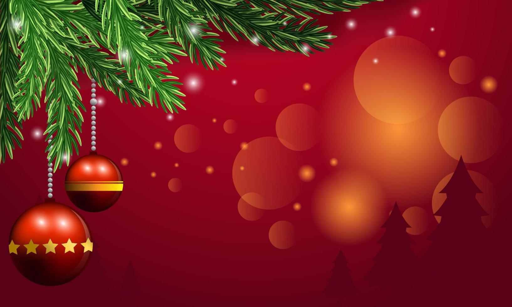 roter weihnachtshintergrund mit kiefernblättern, zwergen, glocken und sternen auf einer roten szene. vektor