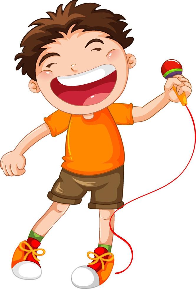 glad pojke sjunger med mikrofon vektor