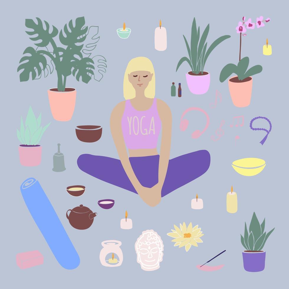 yoga set illustration mädchen beim yoga zu hause vektor