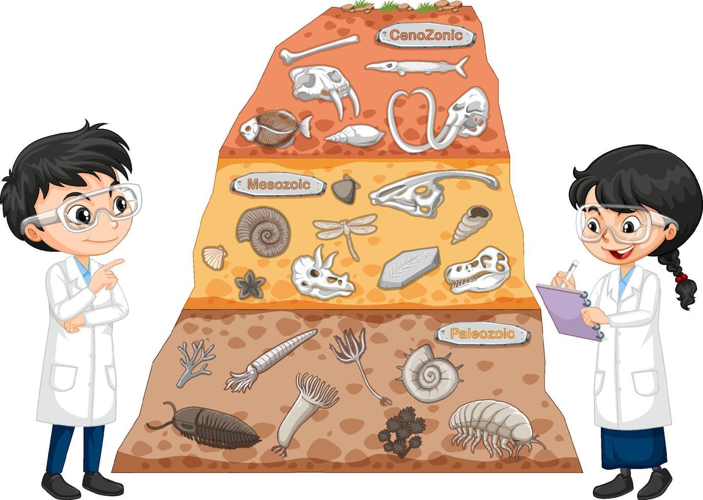 fossil in bodenschichten mit kinderzeichentrickfigur vektor