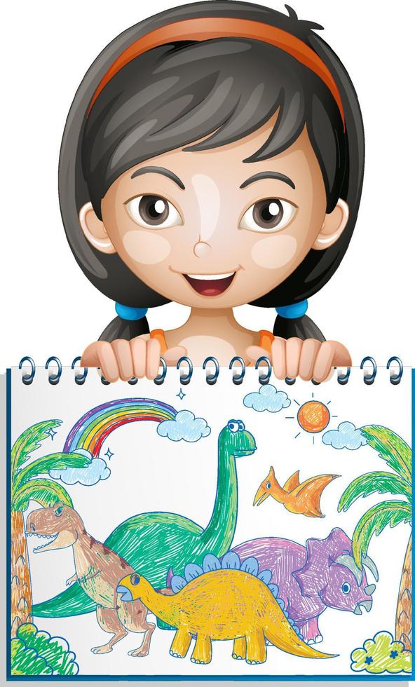 färgade handritade dinosaurier på papper med en flicka seriefigur vektor