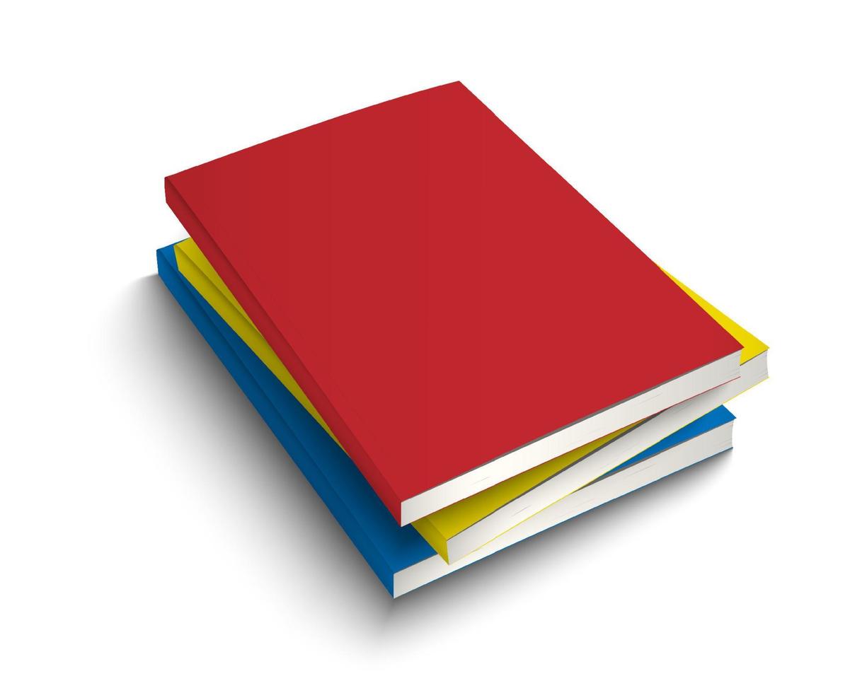 Mehrfarbige A4-Bücher stapeln sich mit rot-gelbem und blauem Einband. Design einer leeren Journalvorlage. lehrbuch mit kopierraum. 3D-Vektor-Illustration. vektor