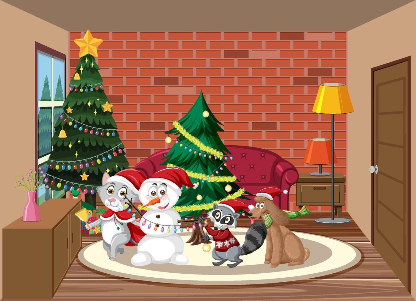 julhelg med snögubbe och husdjur vektor